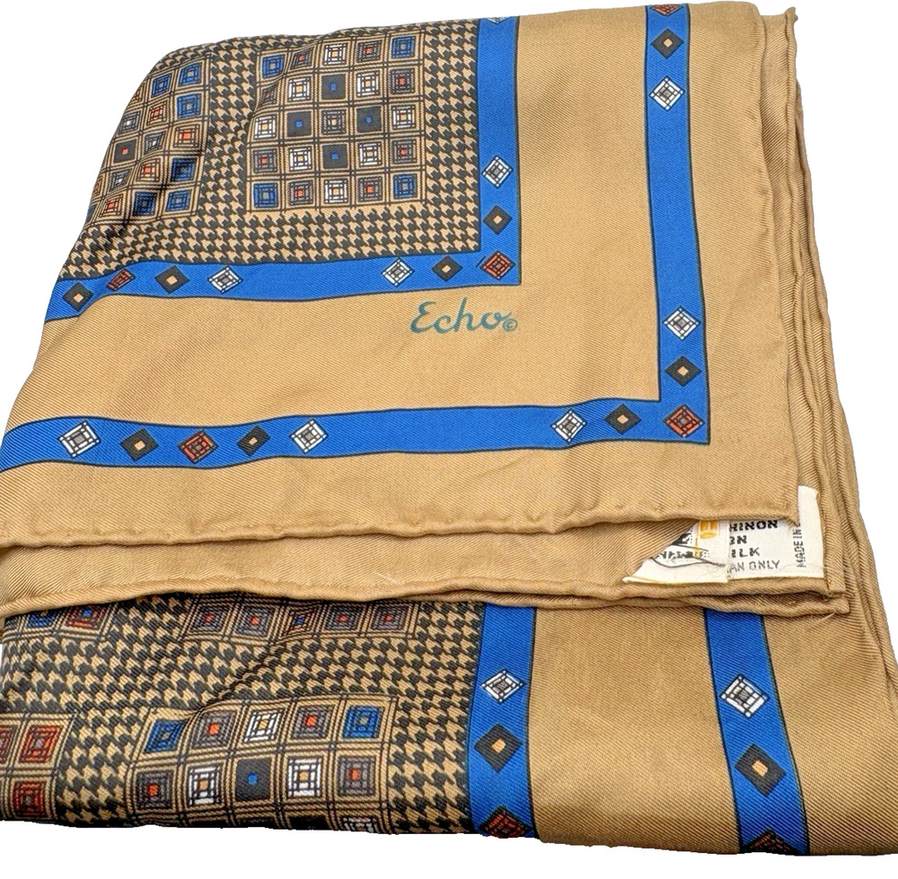 VTG Echo Rolled Edge Silk Scarf Geometric Paisley Blue Brown Signed 27x26 Square